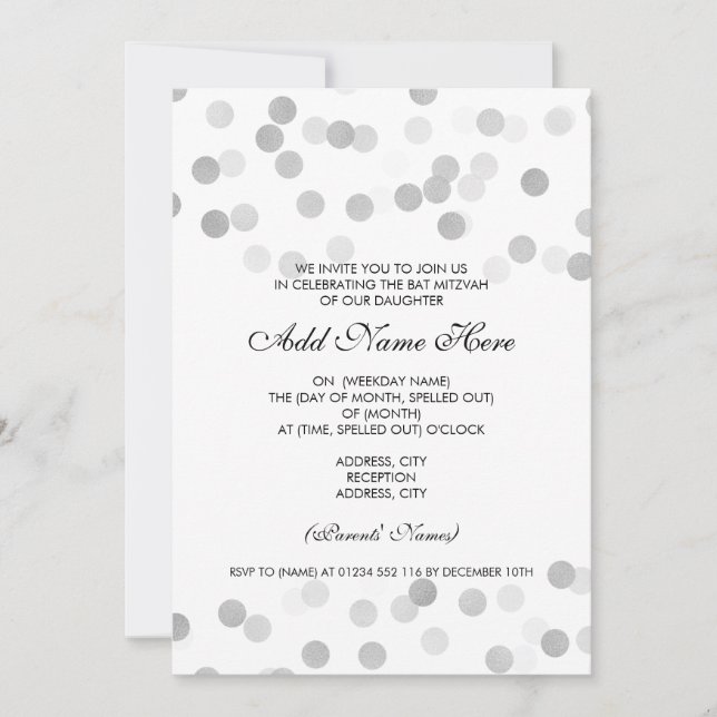 Bat Mitzvah Faux Silver Foil Glitter Lights Invitation (Front)