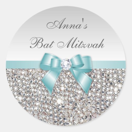 Bat Mitzvah Faux Silver Sequins Teal Bow Diamond Classic Round Sticker