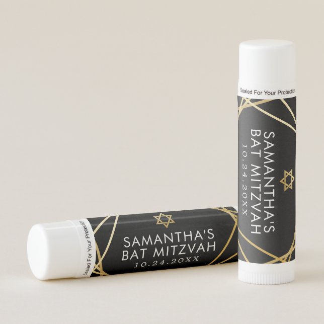Bat Mitzvah Favor Gold Geometric and Black Modern Lip Balm (Front)