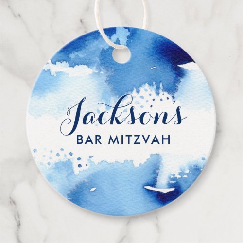 BAT MITZVAh favor tag modern dark blue watercolor