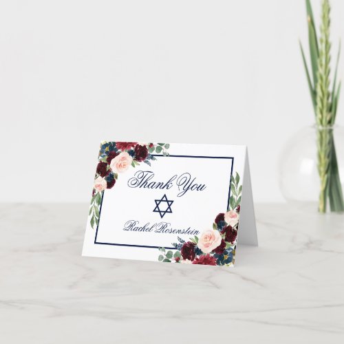 Bat Mitzvah Floral Burgundy Blue Note Thank You Card