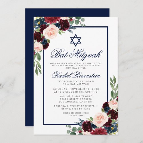 Bat Mitzvah Floral Burgundy Blue Silver Invitation