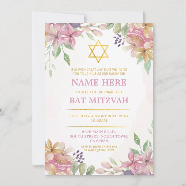 Bat Mitzvah Floral Invite Glitter Girl Star Gold (Front)