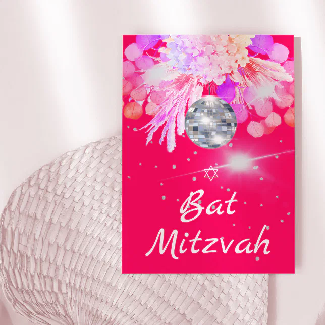 Bat Mitzvah Floral Pink Disco Ball Invitation | Zazzle