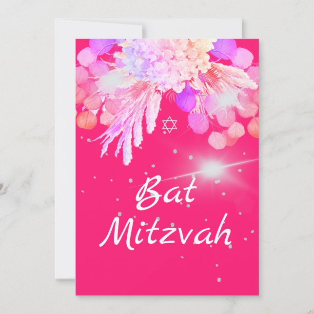 Bat Mitzvah Floral Pink Modern  Invitation (Back)