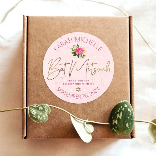 Bat Mitzvah Floral Pink Watercolor Gold Script Classic Round Sticker