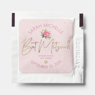 Bat Mitzvah Floral Pink Watercolor Gold Script Hand Sanitizer Packet