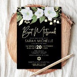 Bat Mitzvah Floral Watercolor Black Real Gold Foil Invitation<br><div class="desc">Be proud, rejoice and showcase this milestone of your favorite Bat Mitzvah with this sophisticated, personalized invitation! A chic, stunning, white and real gold foil floral watercolor, real gold foil handwritten script and white sans serif typography, overlay a dramatic black background. Additional white watercolor and faux gold flowers and a...</div>