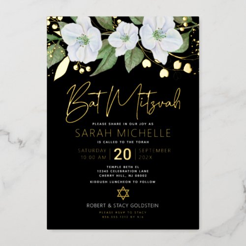 Bat Mitzvah Floral Watercolor Black Real Gold Foil Invitation