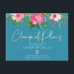 Bat Mitzvah Floral Watercolor Gold Script Blue  Invitation Postcard<br><div class="desc">Make sure all your friends and relatives will still be able to celebrate your daughter’s milestone Bat Mitzvah, regardless of current global unforeseen circumstances. Send out this chic, personalized “Change of Plans” announcement postcard. A chic, stunning, pink and peach floral watercolor with faux gold foil script typography and modern white...</div>