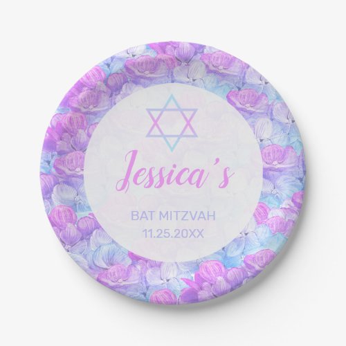 Bat Mitzvah Floral Watercolor Pink Blue Hydrangea Paper Plates