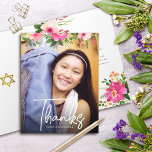 Bat Mitzvah Floral Watercolor Script Custom Photo Thank You Card<br><div class="desc">Make sure your favorite Bat Mitzvah shows her appreciation to all who supported her milestone event! Send out this sophisticated, personalized thank you card! A chic, stunning, pink and peach floral watercolor with white script typography and modern sans serif type overlay the photo of your choice. Additional watercolor flowers and...</div>