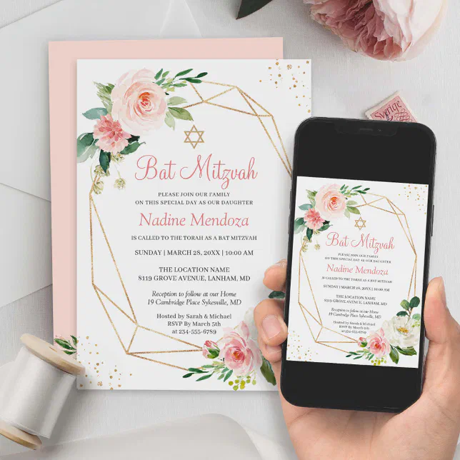 Bat Mitzvah | Geometric Blush Pink Floral Invitation | Zazzle