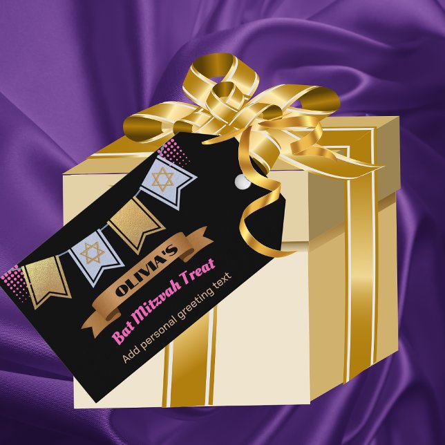 Bat Mitzvah Gift Tag Custom Gold Pink Black      (Creator Uploaded)