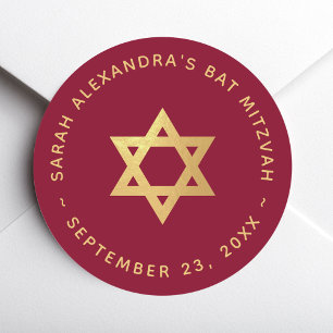 Bat Mitzvah Girl Faux Gold Star of David Burgundy  Classic Round Sticker