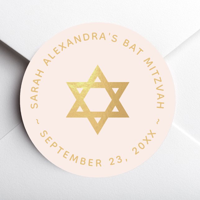 Bat Mitzvah Girl Pink Faux Gold Foil Star of David Classic Round Sticker (Creator Uploaded)