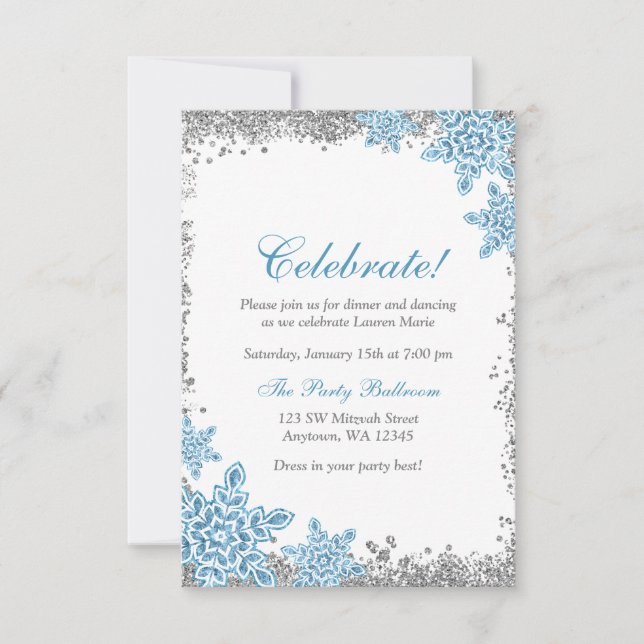 Bat Mitzvah Glam Winter Wonderland Blue Reception Invitation (Front)