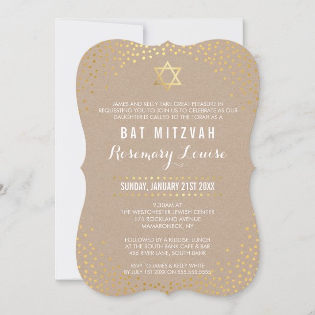 BAT MITZVAH glamorous mini gold confetti kraft Invitation (Front)