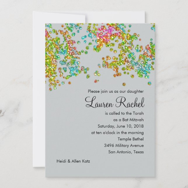 Bat Mitzvah Glittery Confetti Design Invitation (Front)