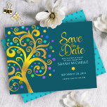 Bat Mitzvah Gold & Blue Foil Tree of Life on Teal Save The Date<br><div class="desc">Make sure all your friends and relatives will be able to celebrate your daughter’s milestone Bat Mitzvah! Send out this stunning, graphic faux gold foil tree with sparkly turquoise, teal, purple and blue Star of David and dot “leaves” on a rich dark teal blue background, personalized “Save the Date” announcement...</div>