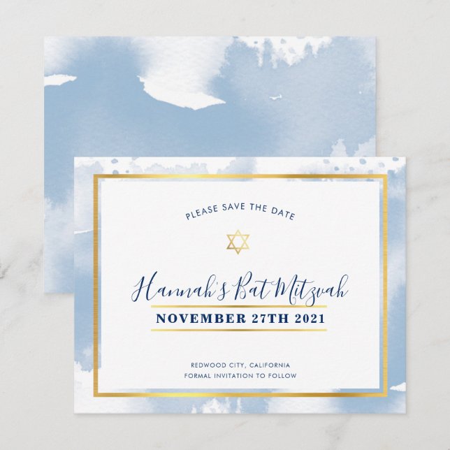 BAT MITZVAH gold blue watercolor save the date Invitation (Front/Back)