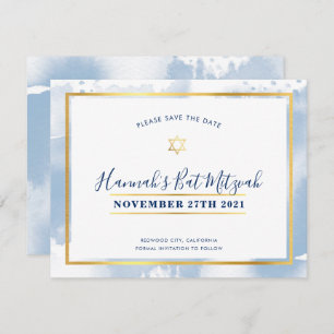 BAT MITZVAH gold blue watercolor save the date Invitation