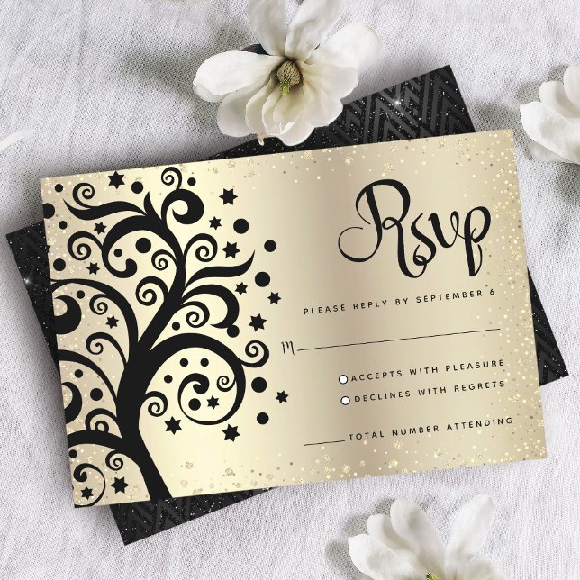 Bat Mitzvah Gold Foil Black Tree of Life Script  RSVP Card (Creator Uploaded)