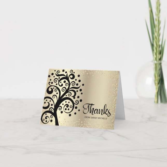 Bat Mitzvah Gold Foil Black Tree of Life Script  Thank You Card (Front)