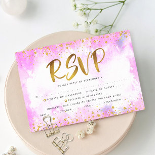 Bat Mitzvah gold foil girly pink watercolor entrée RSVP Card