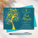 Bat Mitzvah Gold Foil Modern Tree of Life on Teal Invitation<br><div class="desc">Be proud, rejoice and showcase this milestone of your favorite Bat Mitzvah! This graphic faux gold foil tree with sparkly turquoise, teal, purple and blue Star of David and dot “leaves” on a rich, dark teal blue background is the perfect invitation for this special occasion. A tiny, teal blue Star...</div>