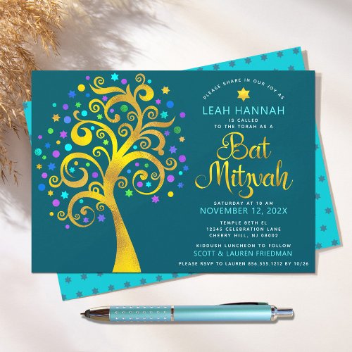 Bat Mitzvah Gold Foil Modern Tree of Life on Teal Invitation