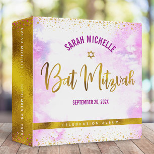 Bat Mitzvah Gold Foil on Pink Watercolor Keepsake 3 Ring Binder