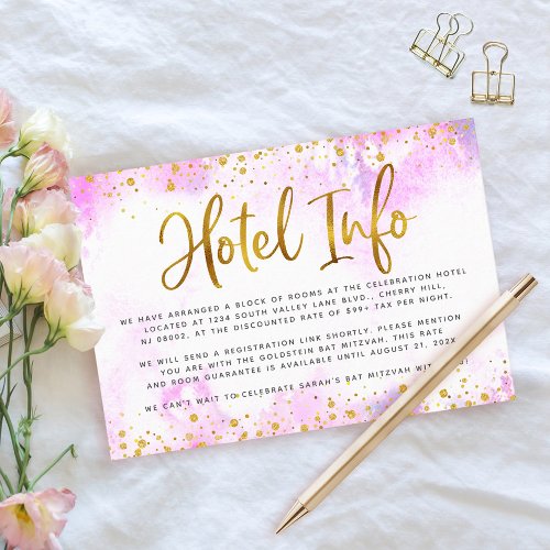 Bat Mitzvah gold foil pink watercolor hotel info Enclosure Card