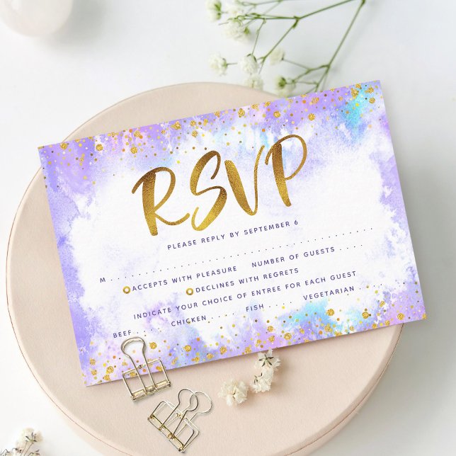 Bat Mitzvah gold foil purple watercolor entrée RSVP Card (Creator Uploaded)