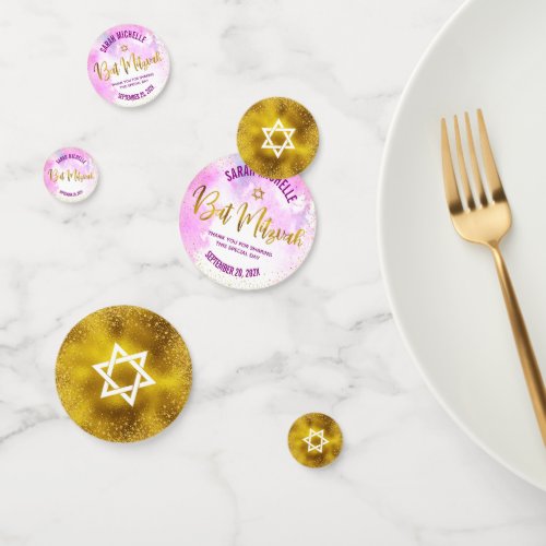 Bat Mitzvah Gold Foil Script Chic Pink Watercolor Confetti