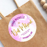 Bat Mitzvah Gold Foil Script on Pink Watercolor Classic Round Sticker<br><div class="desc">Be proud, rejoice and celebrate this milestone of your favorite Bat Mitzvah! Use this stunning, modern, sparkly gold faux foil handwritten script, Star of David and tiny dots against a light pink watercolor background sticker to add to her special day. Personalize the custom text with her name and date of...</div>
