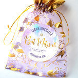 Bat Mitzvah Gold Foil Script on Purple Watercolor Classic Round Sticker<br><div class="desc">Be proud, rejoice and celebrate this milestone of your favorite Bat Mitzvah! Use this stunning, modern, sparkly gold faux foil handwritten script, Star of David and tiny dots against a light purple watercolor background sticker to add to her special day. Personalize the custom text with her name and date of...</div>