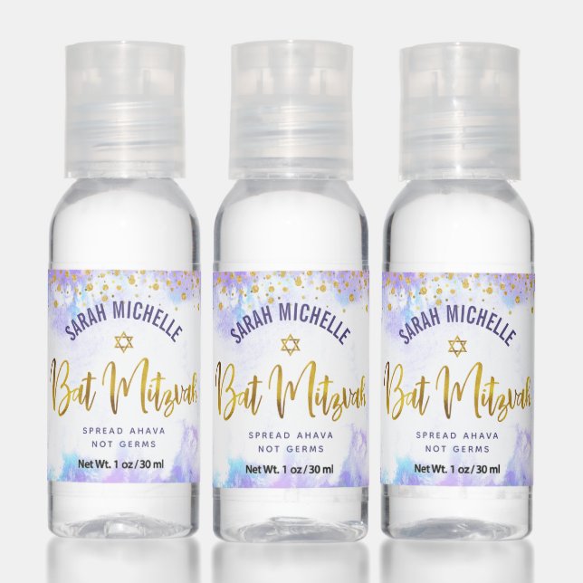 Bat Mitzvah Gold Foil Script Purple Watercolor Hand Sanitizer (Set)