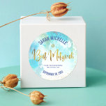 Bat Mitzvah Gold Foil Script, Turquoise Watercolor Classic Round Sticker<br><div class="desc">Be proud, rejoice and celebrate this milestone of your favorite Bat Mitzvah! Use this stunning, modern, sparkly gold faux foil handwritten script, Star of David and tiny dots against a turquoise blue watercolor background sticker to add to her special day. Personalize the custom text with her name and date of...</div>