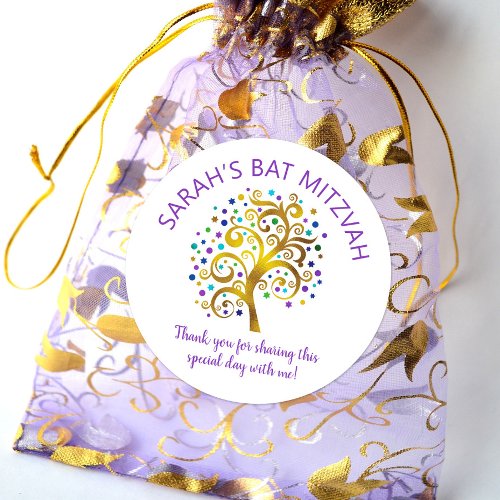 Bat Mitzvah Gold Foil Tree Life Purple Typography Classic Round Sticker