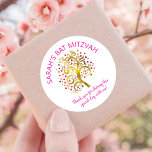 Bat Mitzvah Gold Foil Tree of Life Pink Typography Classic Round Sticker<br><div class="desc">Be proud, rejoice and showcase this milestone of your favorite Bat Mitzvah! Use this fun, sophisticated, personalized sticker to add to her special day. A stunning, graphic faux gold foil tree with sparkly pink, orange, and red Star of David and dot “leaves” overlays a white background. Personalize the custom text...</div>