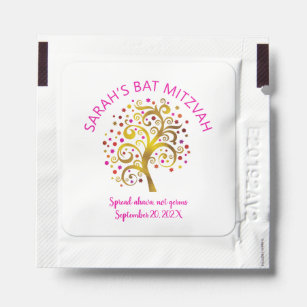 Bat Mitzvah Gold Foil Tree of Life Pink Typography Hand Sanitizer Packet