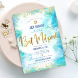 Bat Mitzvah Gold Foil Turquoise Modern Watercolor Invitation<br><div class="desc">Be proud, rejoice and showcase this milestone of your favorite Bat Mitzvah! Send out this stunning, modern, sparkly gold faux foil and glitter dots and typography script against a turquoise watercolor background, personalized invitation for an event to remember. Personalize the custom text with your Bat Mitzvah’s name, date, and venue...</div>