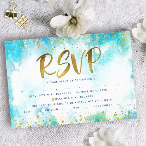 Bat Mitzvah gold foil turquoise watercolor entre RSVP Card