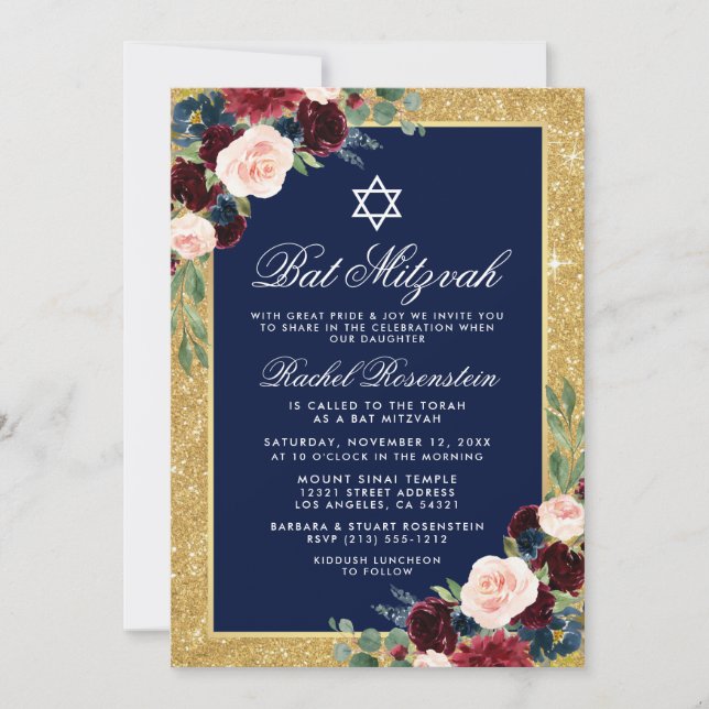 Bat Mitzvah Gold Glitter Floral Burgundy Blue Invitation (Front)