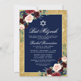 Bat Mitzvah Gold Glitter Floral Burgundy Blue Invitation