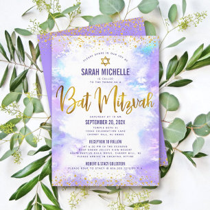 Bat Mitzvah Gold Glitter Purple Watercolor 2 Venue Invitation