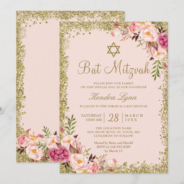 Bat Mitzvah | Gold Glitters Blush Pink Floral Invitation (Front/Back)
