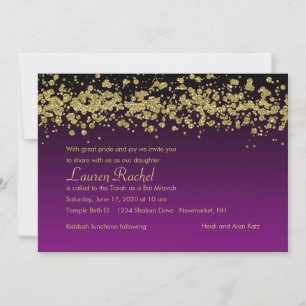 Bat Mitzvah Gold Glittery Black Border Any Color Invitation