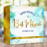 Bat Mitzvah Gold on Turquoise Watercolor Keepsake 3 Ring Binder<br><div class="desc">Let your favorite Bat Mitzvah be proud, rejoice and celebrate her milestone with this stunning keepsake scrapbook memory album. Stunning, modern, sparkly gold faux foil handwritten script, Star of David and tiny dots overlay a turquoise blue watercolor background. Personalize the custom text with her name and date of event. Guaranteed...</div>